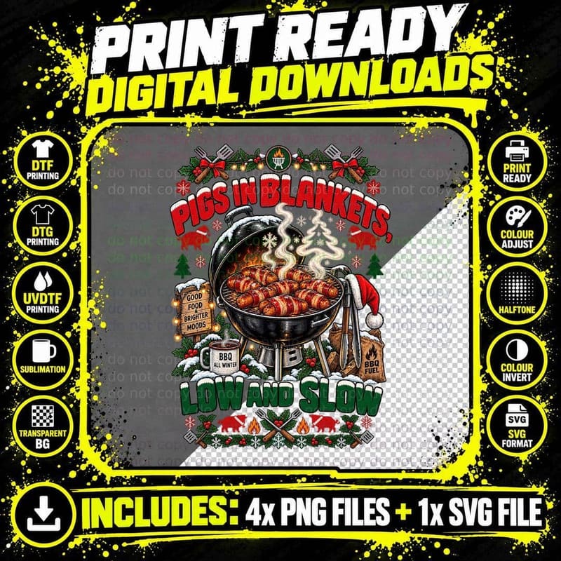 BBQ Christmas Ugly Sweater Pigs in Grill Smoker Holiday Png SVG Digital Bundle