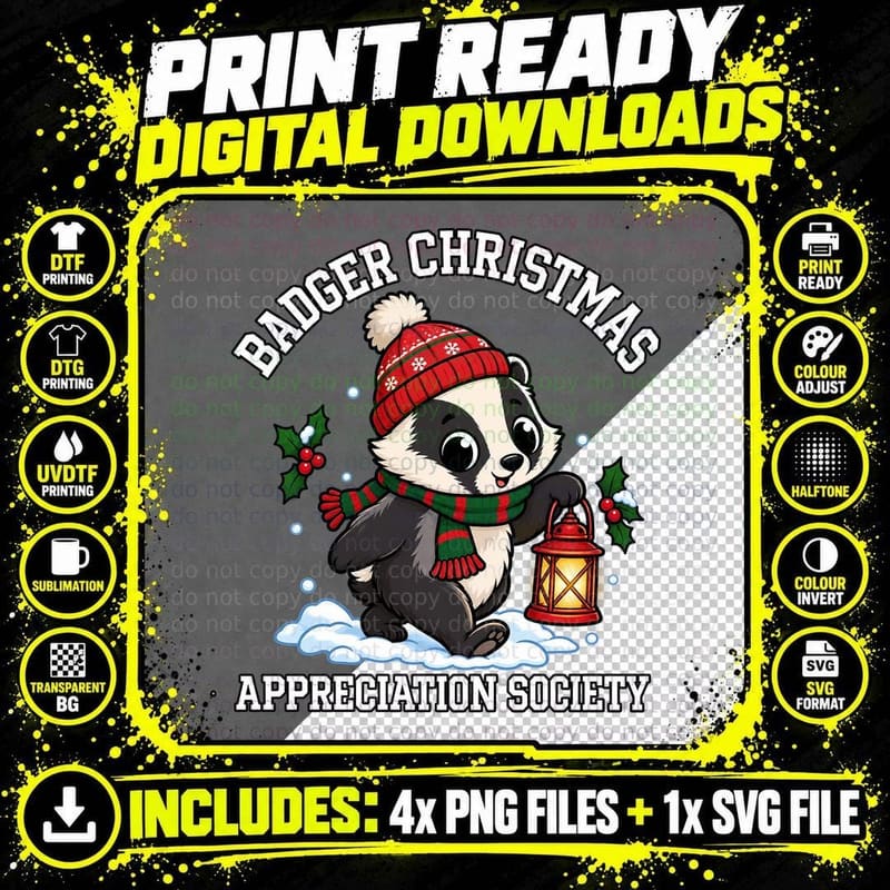 Badger Christmas Appreciation Society Cute Bobble Hat Lantern Snow T-Shirt Png SVG Digital Bundle