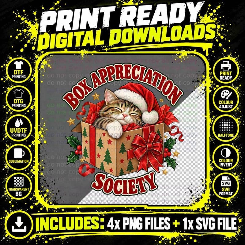Box Appreciation Society Funny Sleeping Cat Christmas Present Retro T-Shirt Png SVG Digital Bundle