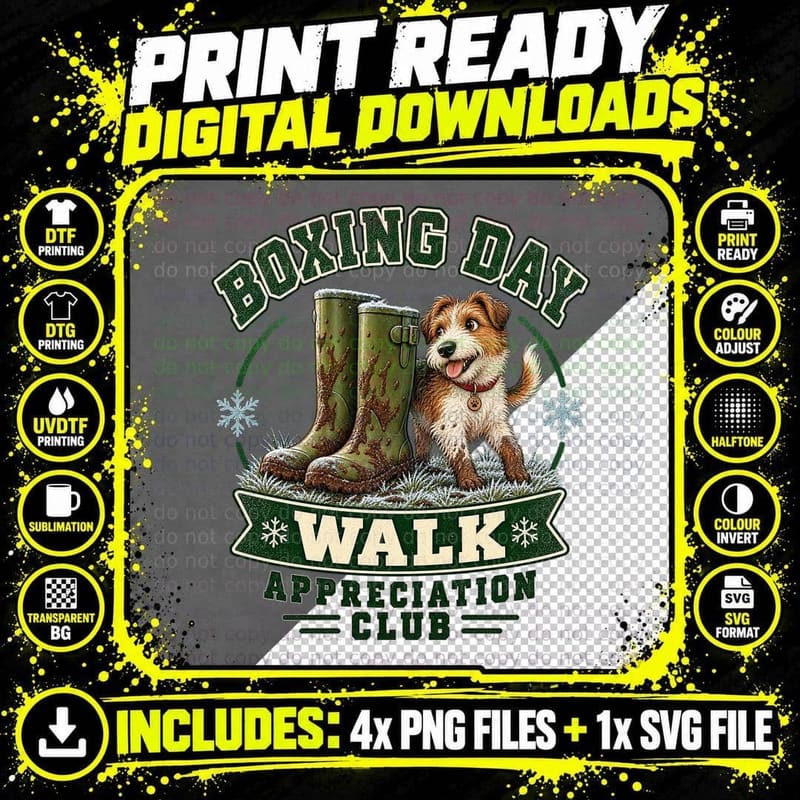 Boxing Day Walk Appreciation Club Wellies Dog Walker Christmas Retro T-Shirt Png SVG Digital Bundle