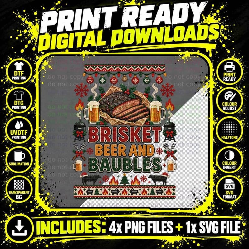 Brisket Beer and Baubles BBQ Smoker Christmas Ugly Png SVG Digital Bundle