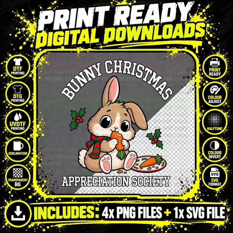 Bunny Christmas Appreciation Society Cute Rabbit Eating Carrot Scarf T-Shirt Png SVG Digital Bundle