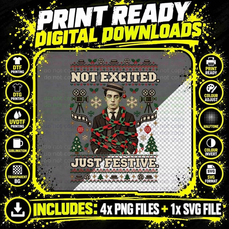 Not Excited Just Festive Buster Silent Movie Fairy Lights Ugly Sweater T-Shirt Png SVG Digital Bundle