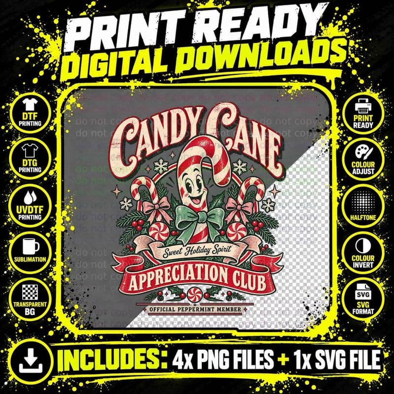Candy Cane Appreciation Club Sweet Holiday Spirit Peppermint Xmas Treat T-Shirt Png SVG Digital Bundle