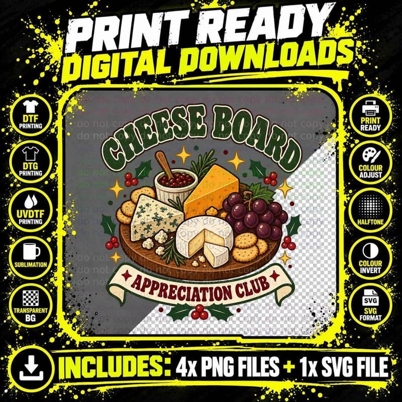 Cheese Board Appreciation Club Christmas Brie Grapes Crackers Foodie T-Shirt Png SVG Digital Bundle