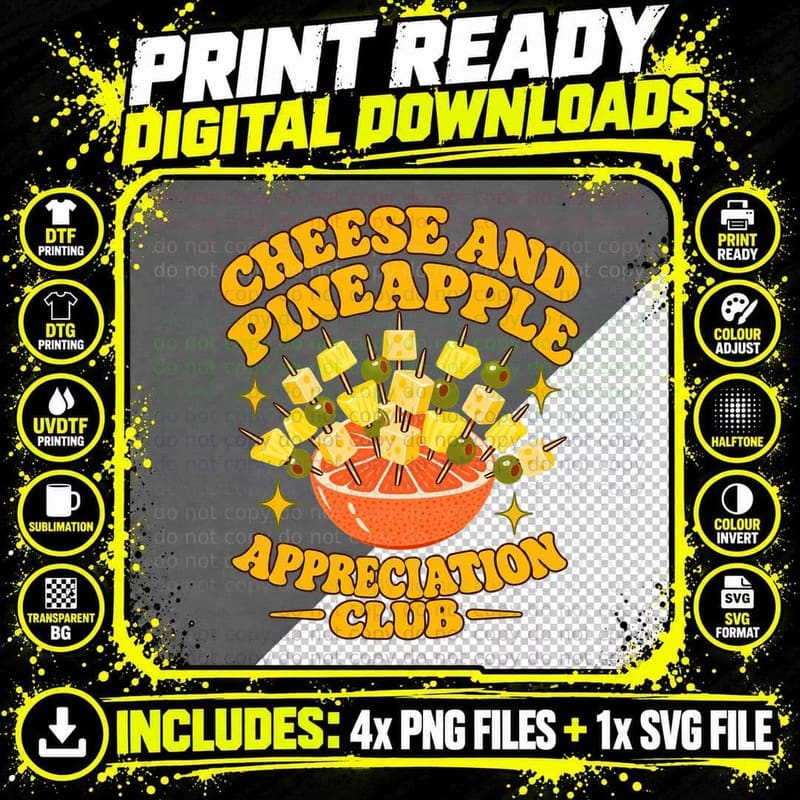 Cheese And Pineapple Appreciation Club Retro 70s Party Food Christmas T-Shirt Png SVG Digital Bundle