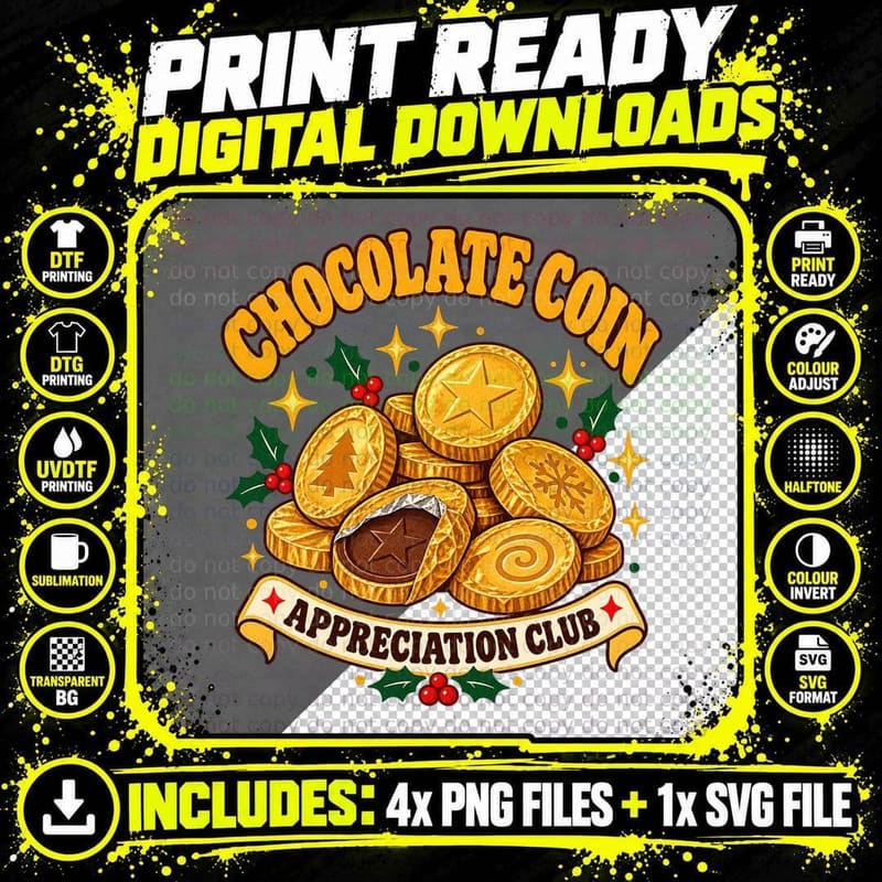 Chocolate Coin Appreciation Club Christmas Gold Coins Stocking Filler T-Shirt Png SVG Digital Bundle