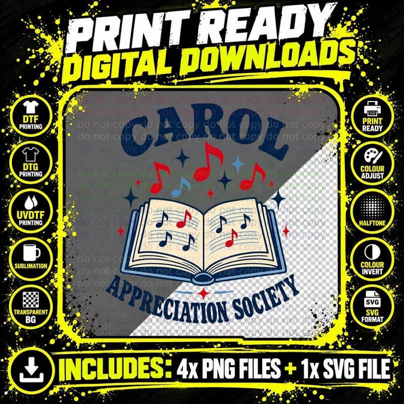 Carol Appreciation Society Christmas Songbook Music Notes Choir Retro T-Shirt Png SVG Digital Bundle