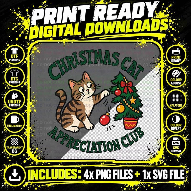Christmas Cat Appreciation Club Funny Tabby Knocking Bauble Off Tree T-Shirt Png SVG Digital Bundle