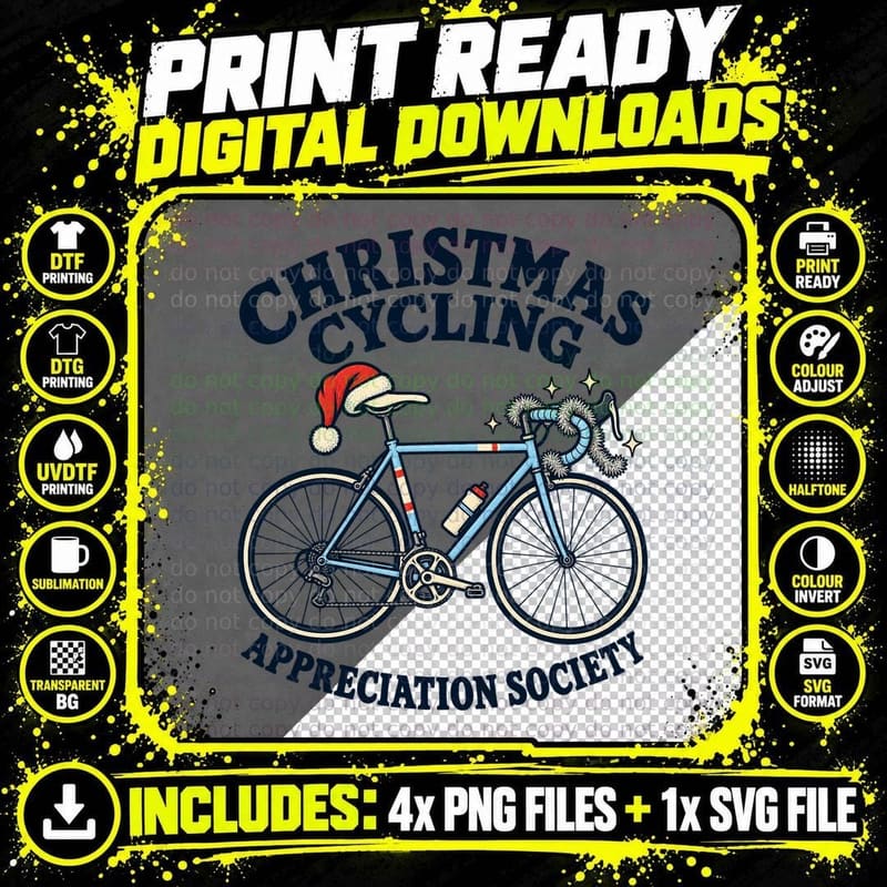 Christmas Cycling Appreciation Society Road Bike Santa Hat Cyclist Retro T-Shirt Png SVG Digital Bundle