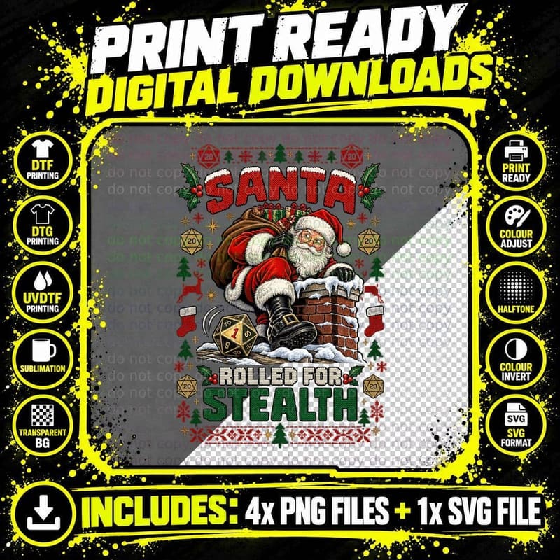 Christmas DND Ugly Sweater Santa D20 Dice Tabletop RPG Png SVG Digital Bundle