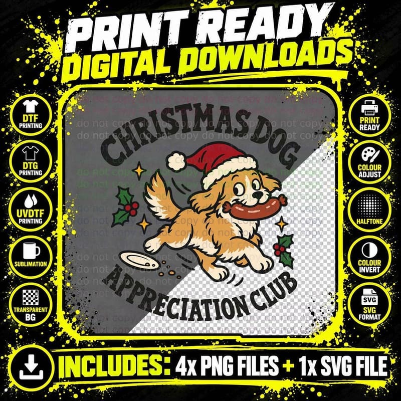 Christmas Dog Appreciation Club Funny Puppy Stealing Sausage Santa Hat T-Shirt Png SVG Digital Bundle