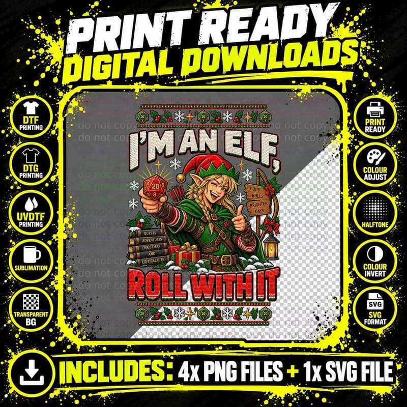 Christmas Elf Ranger Ugly Sweater Tabletop RPG D20 Dice Png SVG Digital Bundle