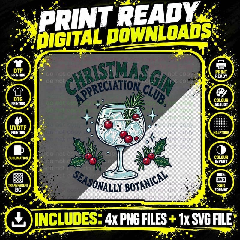 Christmas Gin Appreciation Club Seasonally Botanical Cranberry Glass T-Shirt Png SVG Digital Bundle
