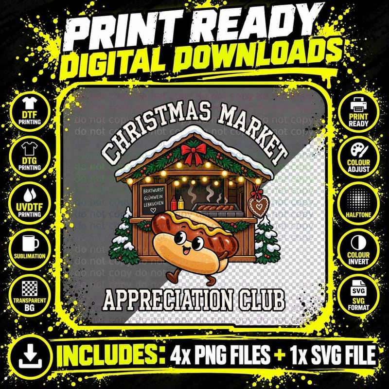 Christmas Market Appreciation Club German Bratwurst Stall Gluhwein Retro T-Shirt Png SVG Digital Bundle