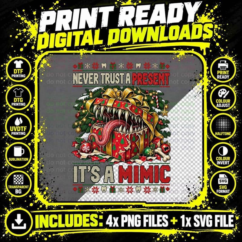 Christmas Mimic Ugly Sweater Dungeons Dragons RPG Gamer Png SVG Digital Bundle