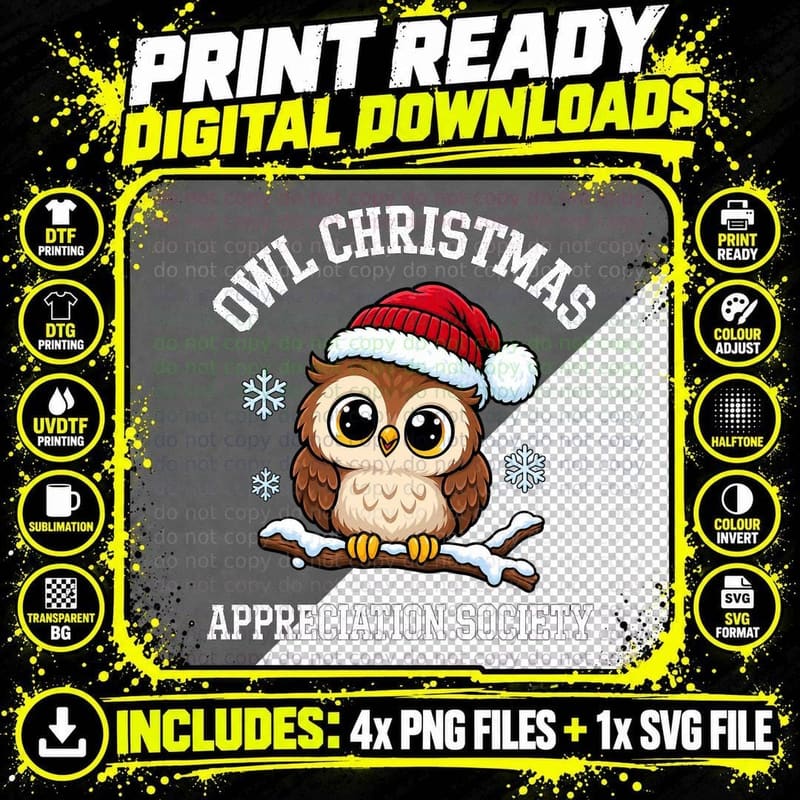 Owl Christmas Appreciation Society Cute Santa Hat Snowy Branch Bird T-Shirt Png SVG Digital Bundle
