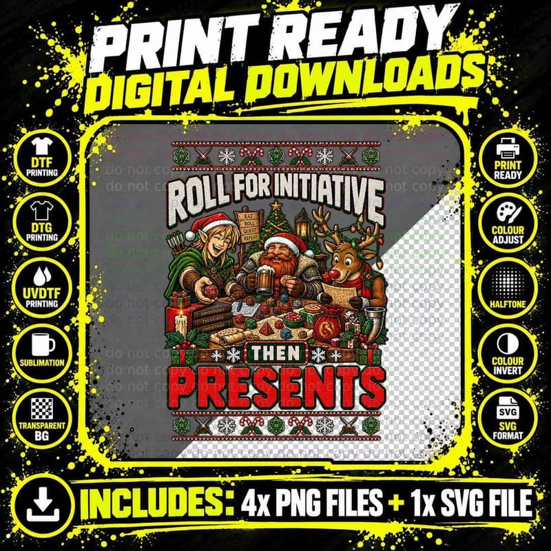 Christmas RPG Ugly Sweater Dungeons Dragons Adventurer Png SVG Digital Bundle