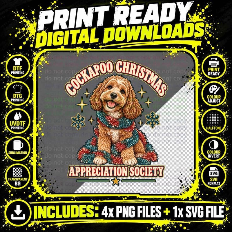 Cockapoo Christmas Appreciation Society Tinsel Dog Cute Puppy Retro T-Shirt Png SVG Digital Bundle