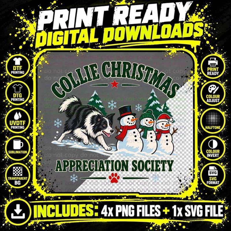 Collie Christmas Appreciation Society Border Sheepdog Snowmen Winter T-Shirt Png SVG Digital Bundle