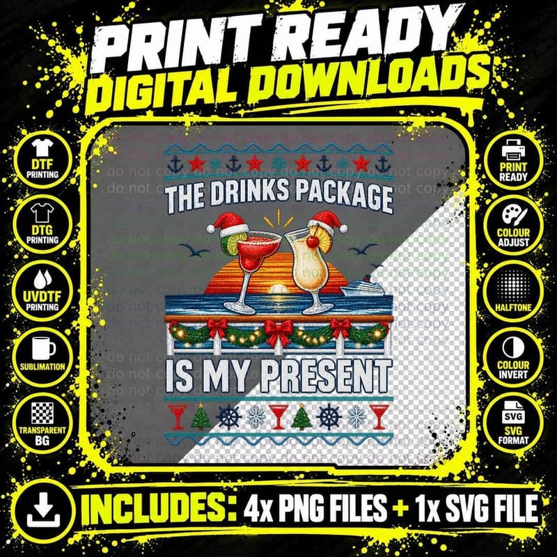 Cruise Christmas Ugly Sweater Drinks Package Cocktail Png SVG Digital Bundle