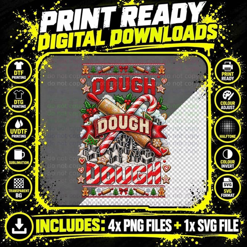 Dough Dough Dough Christmas Baker Candy Cane Rolling Pin Png SVG Digital Bundle