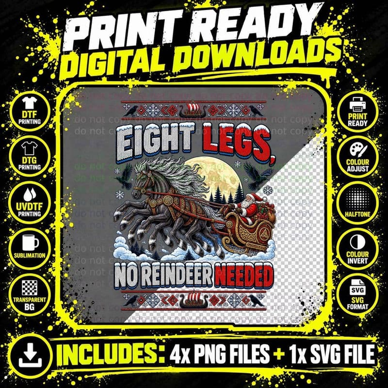 Eight Legs No Reindeer Needed Sleipnir Norse Christmas Png SVG Digital Bundle