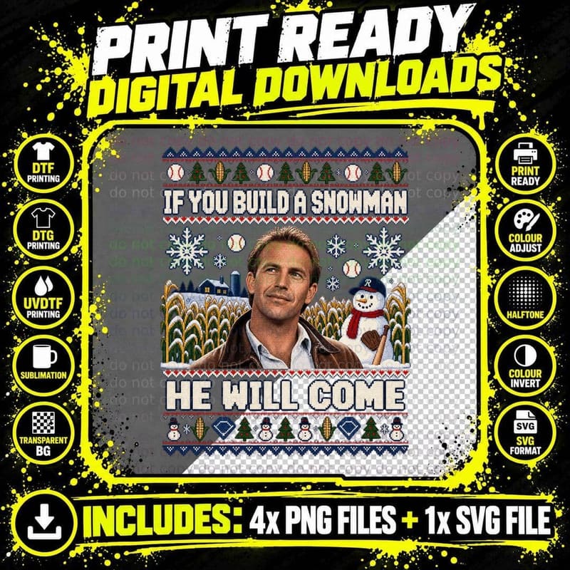 If You Build A Snowman He Will Come Cornfield Baseball Movie Christmas T-Shirt Png SVG Digital Bundle