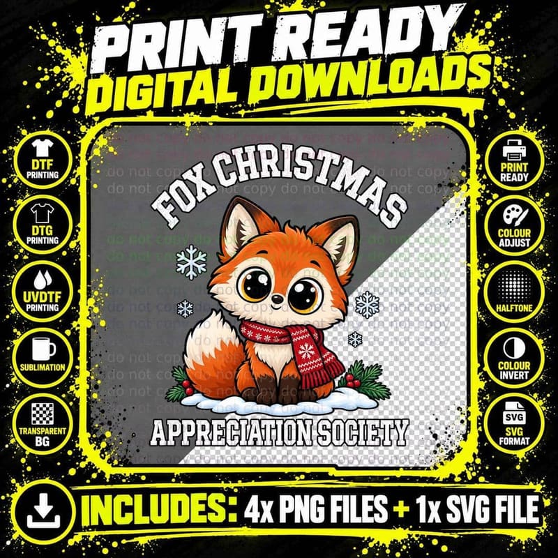 Fox Christmas Appreciation Society Cute Red Scarf Snowy Woodland T-Shirt Png SVG Digital Bundle