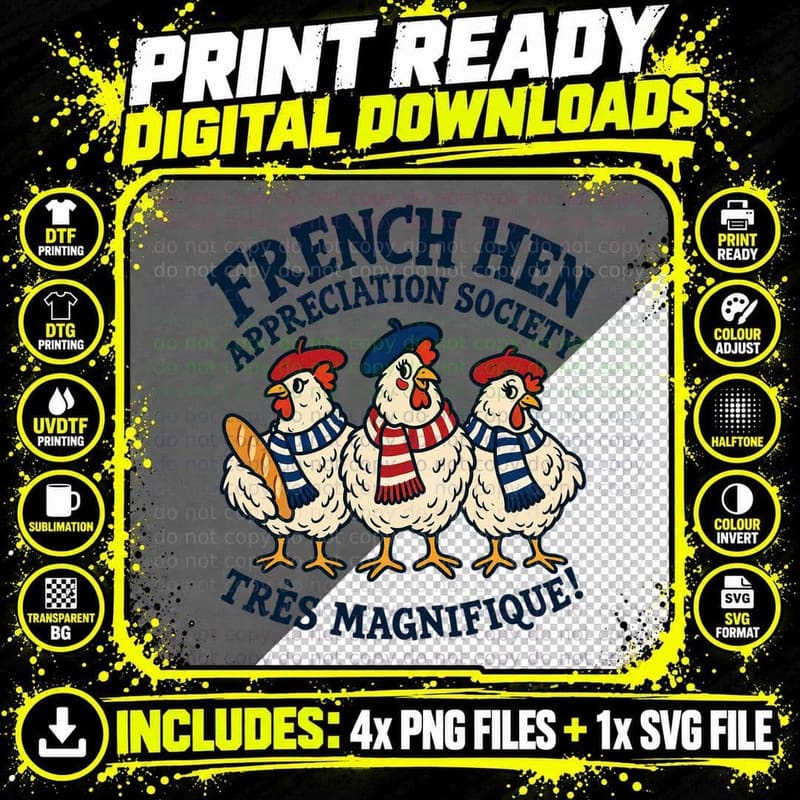 French Hen Appreciation Society Tres Magnifique Three Chickens Berets T-Shirt Png SVG Digital Bundle