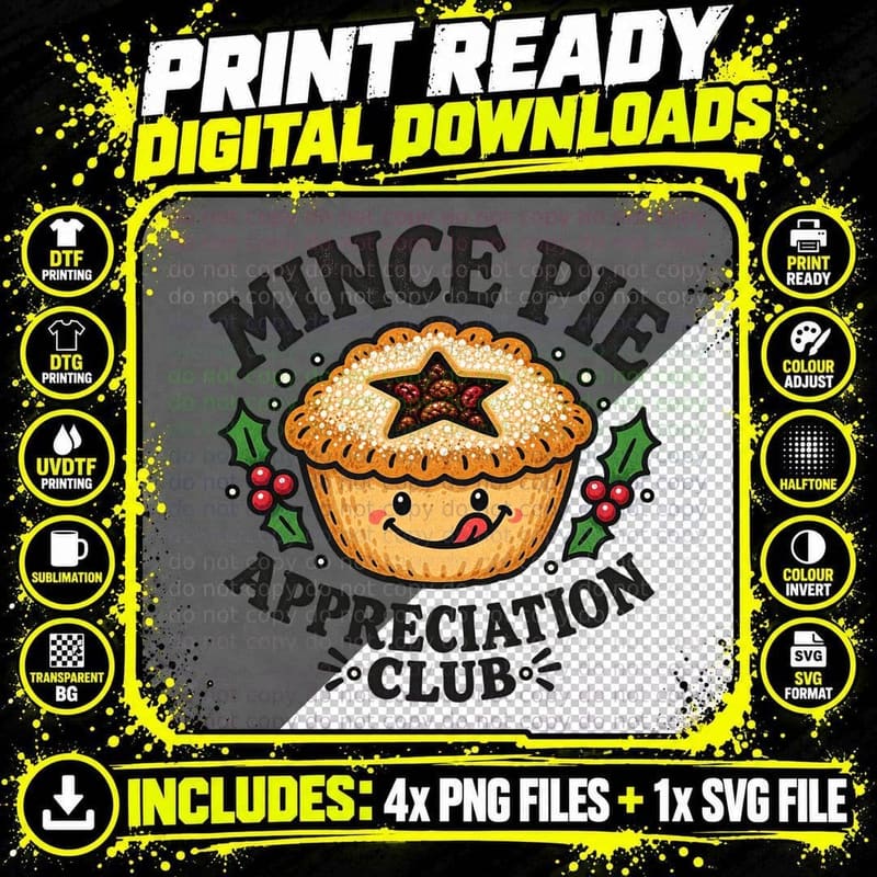Mince Pie Appreciation Club Cute Smiling Christmas Pastry Festive Retro T-Shirt Png SVG Digital Bundle