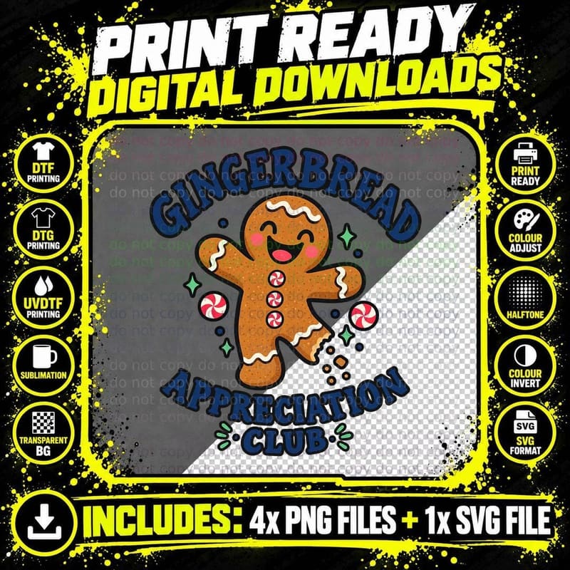 Gingerbread Appreciation Club Happy Cookie Man Candy Christmas Baking T-Shirt Png SVG Digital Bundle