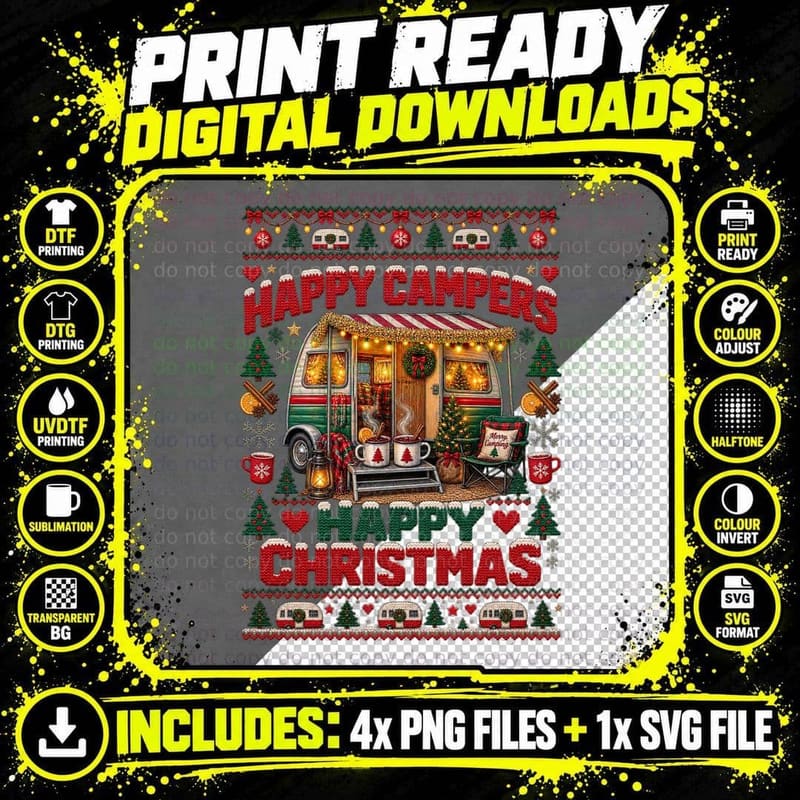 Happy Campers Happy Christmas Caravan Camping Mulled Png SVG Digital Bundle