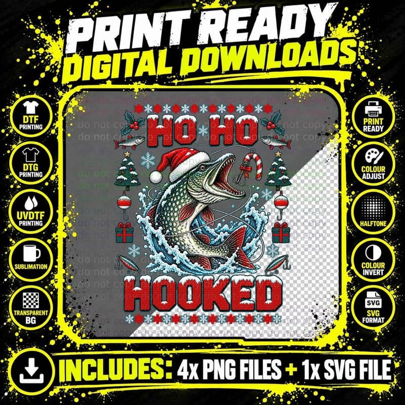 Ho Ho Hooked Christmas Pike Fishing Fisherman Ugly Png SVG Digital Bundle