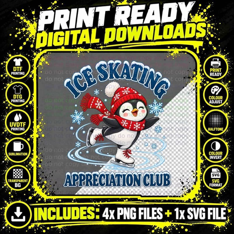 Ice Skating Appreciation Club Cute Penguin Skater Winter Christmas Retro T-Shirt Png SVG Digital Bundle