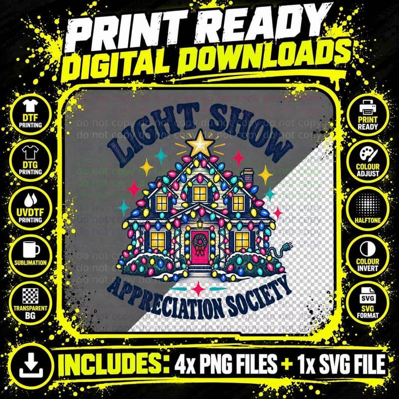 Light Show Appreciation Society Christmas Lights House Decorations Retro T-Shirt Png SVG Digital Bundle