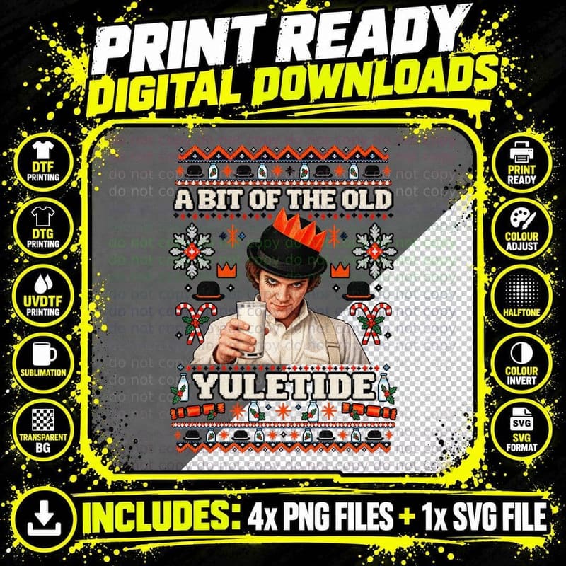A Bit Of The Old Yuletide Alex Droog Bowler 70s Cult Movie Ugly Sweater T-Shirt Png SVG Digital Bundle