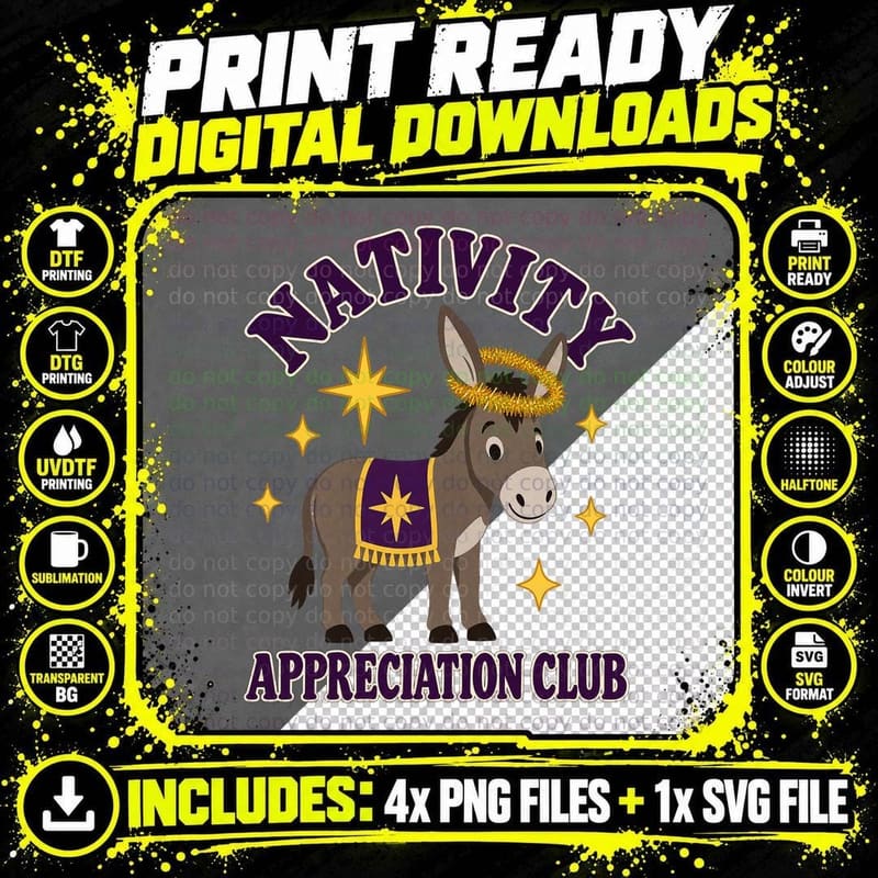 Nativity Appreciation Club Christmas Donkey Halo Star Festive Retro T-Shirt Png SVG Digital Bundle