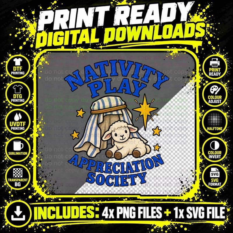 Nativity Play Appreciation Society School Christmas Shepherd Lamb Retro T-Shirt Png SVG Digital Bundle
