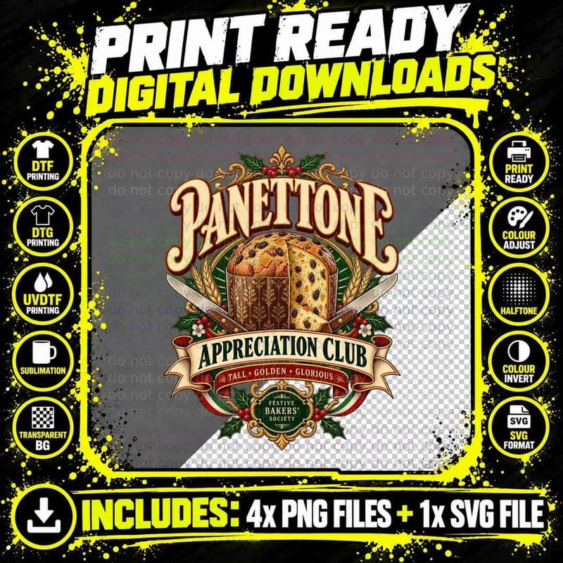 Panettone Appreciation Club Golden Glorious Italian Christmas Bakery T-Shirt Png SVG Digital Bundle