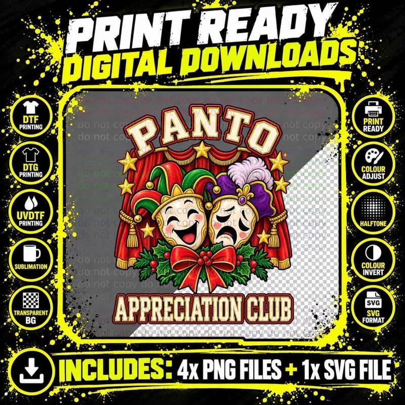 Panto Appreciation Club Pantomime Comedy Tragedy Masks Christmas Theatre T-Shirt Png SVG Digital Bundle