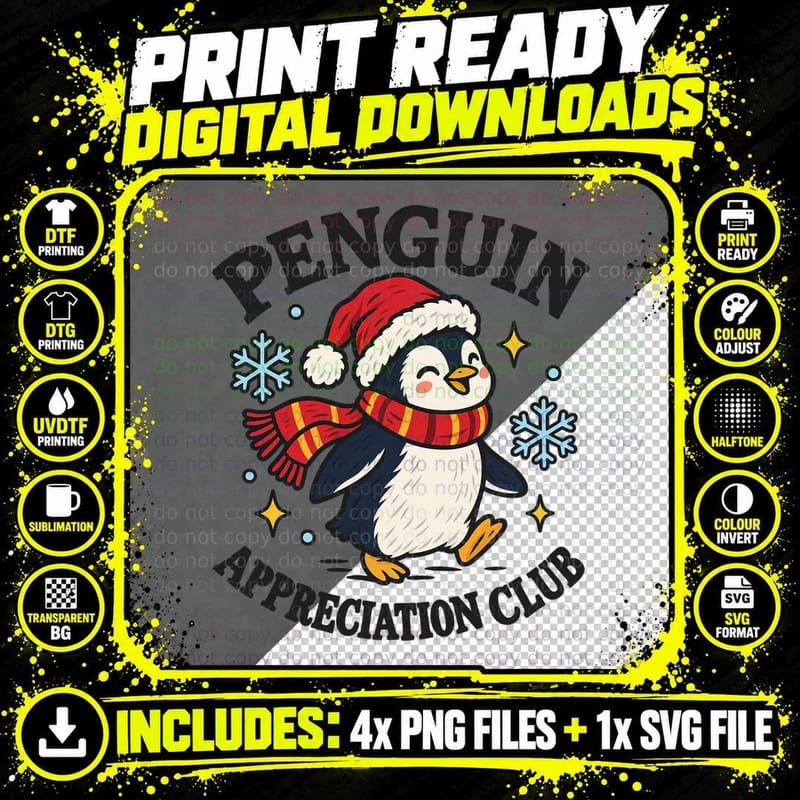 Penguin Appreciation Club Christmas Santa Hat Scarf Winter Retro Cute T-Shirt Png SVG Digital Bundle