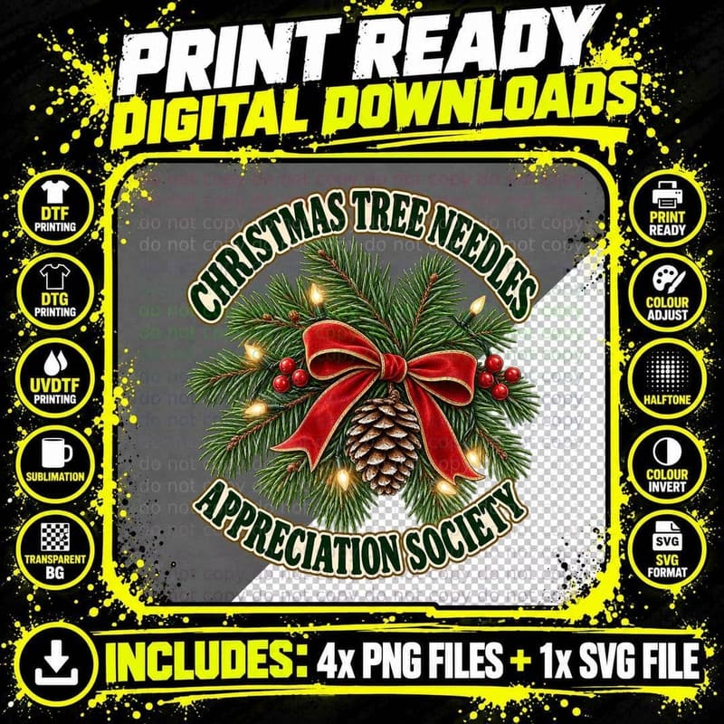 Christmas Tree Needles Appreciation Society Pine Cone Red Bow Funny Xmas T-Shirt Png SVG Digital Bundle