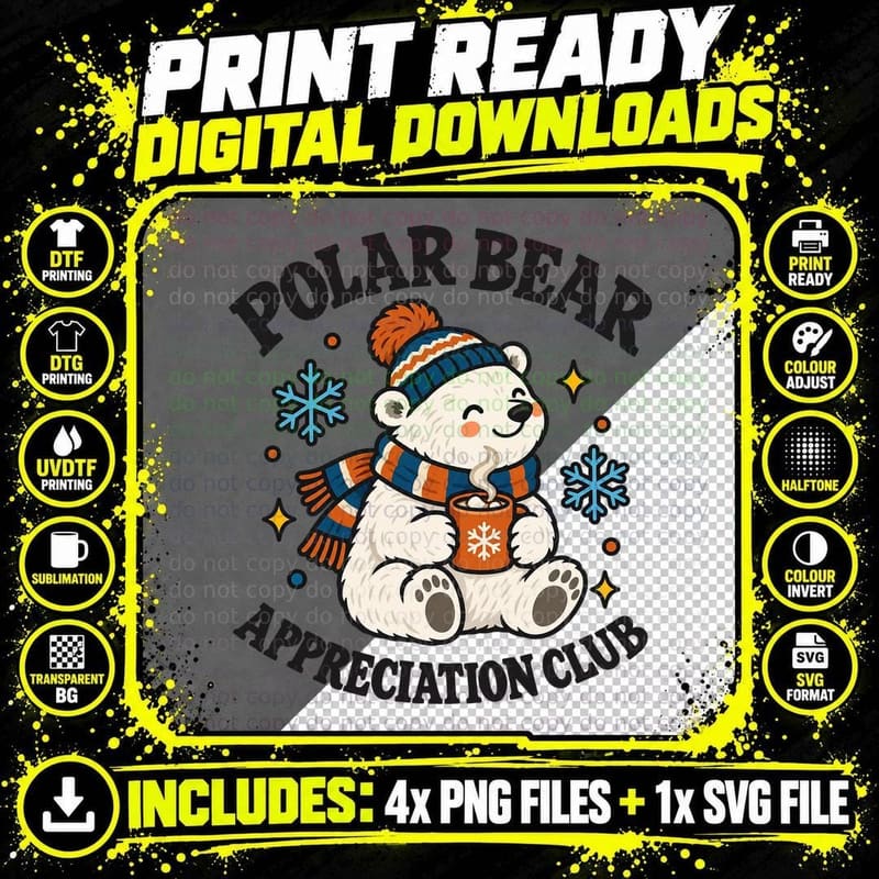 Polar Bear Appreciation Club Cute Bobble Hat Hot Cocoa Winter Christmas T-Shirt Png SVG Digital Bundle
