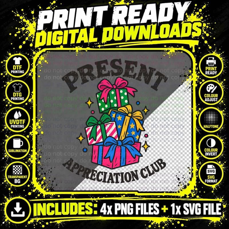 Present Appreciation Club Stacked Wrapped Boxes Christmas Morning Retro T-Shirt Png SVG Digital Bundle