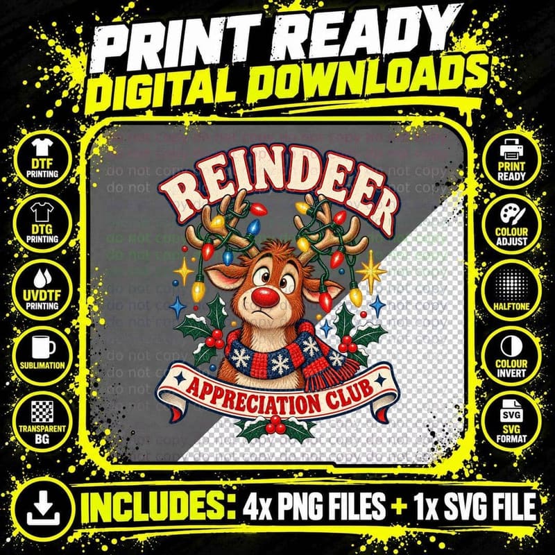 Reindeer Appreciation Club Fairy Lights Antlers Red Nose Christmas Retro T-Shirt Png SVG Digital Bundle