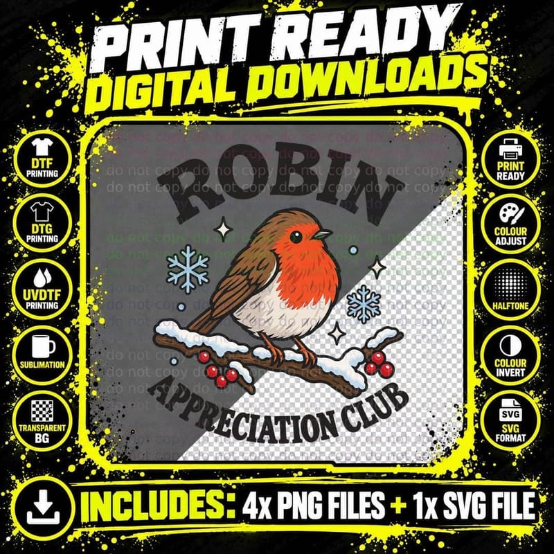 Robin Appreciation Club Christmas Bird Snowy Branch Winter Wildlife T-Shirt Png SVG Digital Bundle