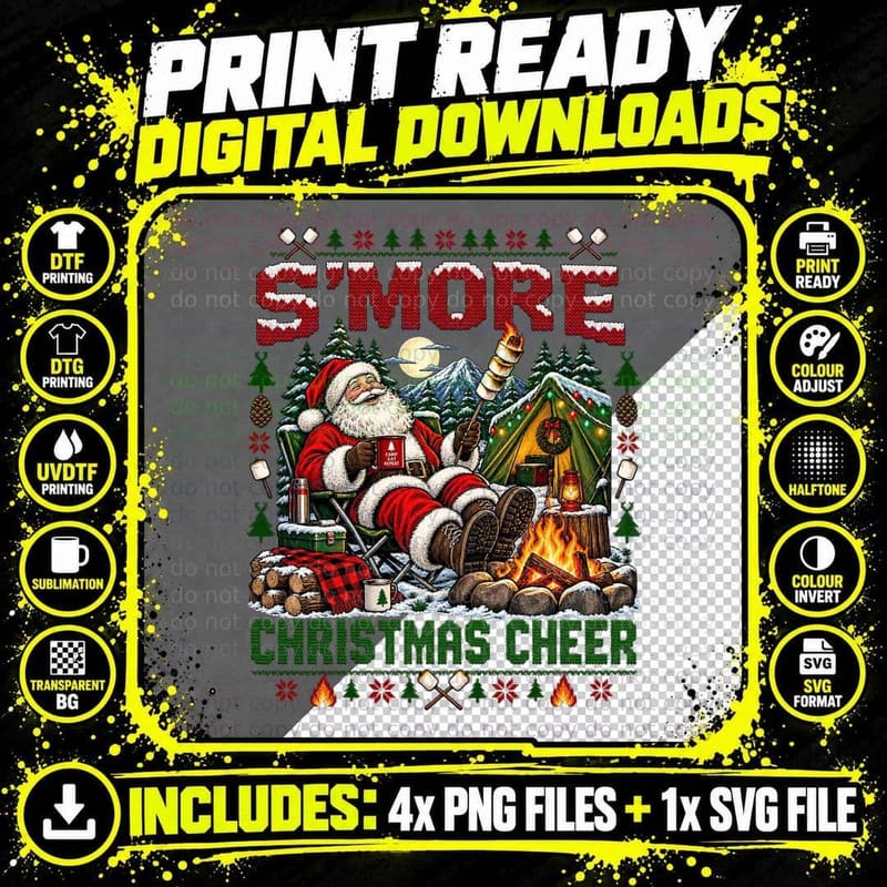S'more Christmas Cheer Camping Santa Campfire Ugly Png SVG Digital Bundle