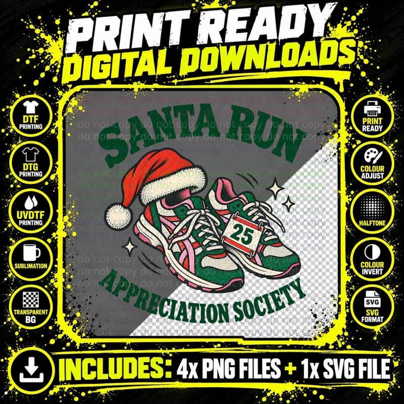 Santa Run Appreciation Society Christmas Running Trainers Race Number 25 T-Shirt Png SVG Digital Bundle