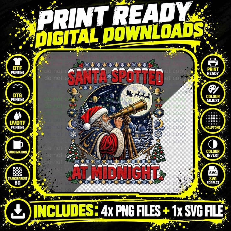 Santa Spotted At Midnight Astronomer Telescope Ugly Png SVG Digital Bundle